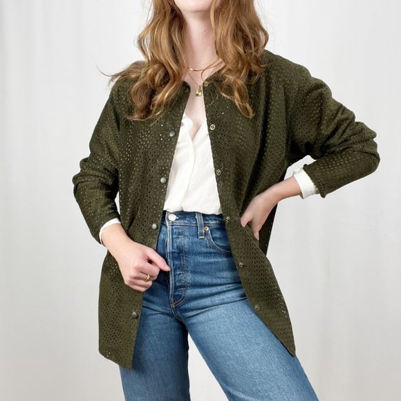 Danier Suede Leather Oversized Shacket Button Up Laser Cut Out Green Jacket Coat - Picture 4 of 9